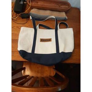 heavy canvas Costco tote bag with handles navy blue/white